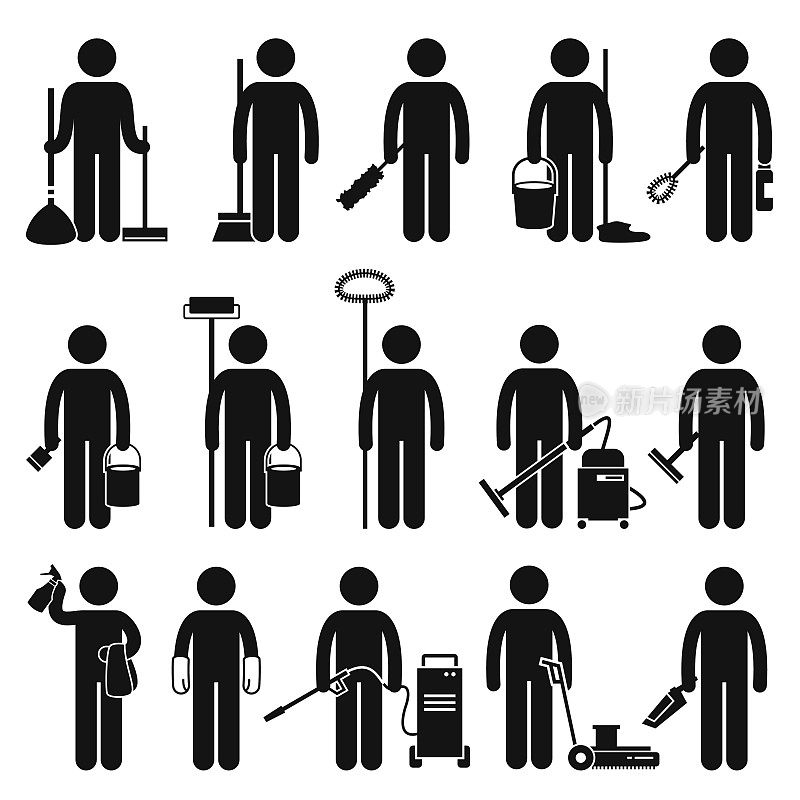 清洁工清洁工具和设备Stick Figure象形图标